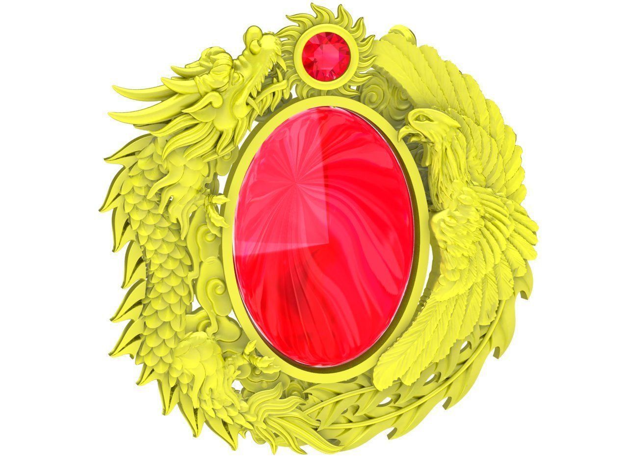 A4694 Oval Gemstone Dragon and Phoenix Pendant 3D Model 3D print model_1
