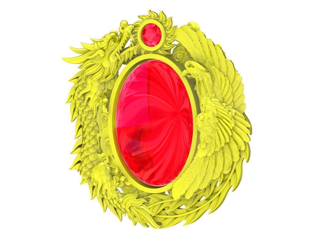 A4694 Oval Gemstone Dragon and Phoenix Pendant 3D Model 3D print model_2