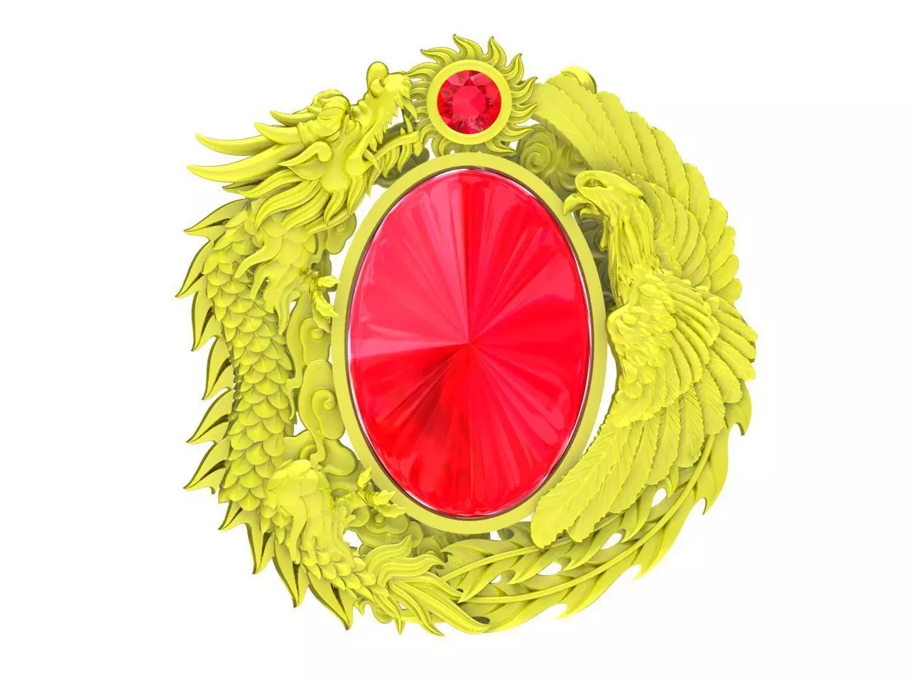 A4694 Oval Gemstone Dragon and Phoenix Pendant 3D Model 3D print model_0