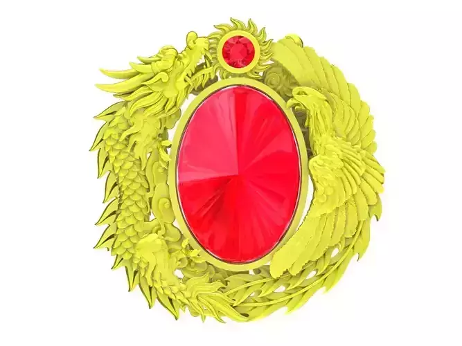 A4694 Oval Gemstone Dragon and Phoenix Pendant 3D Model
