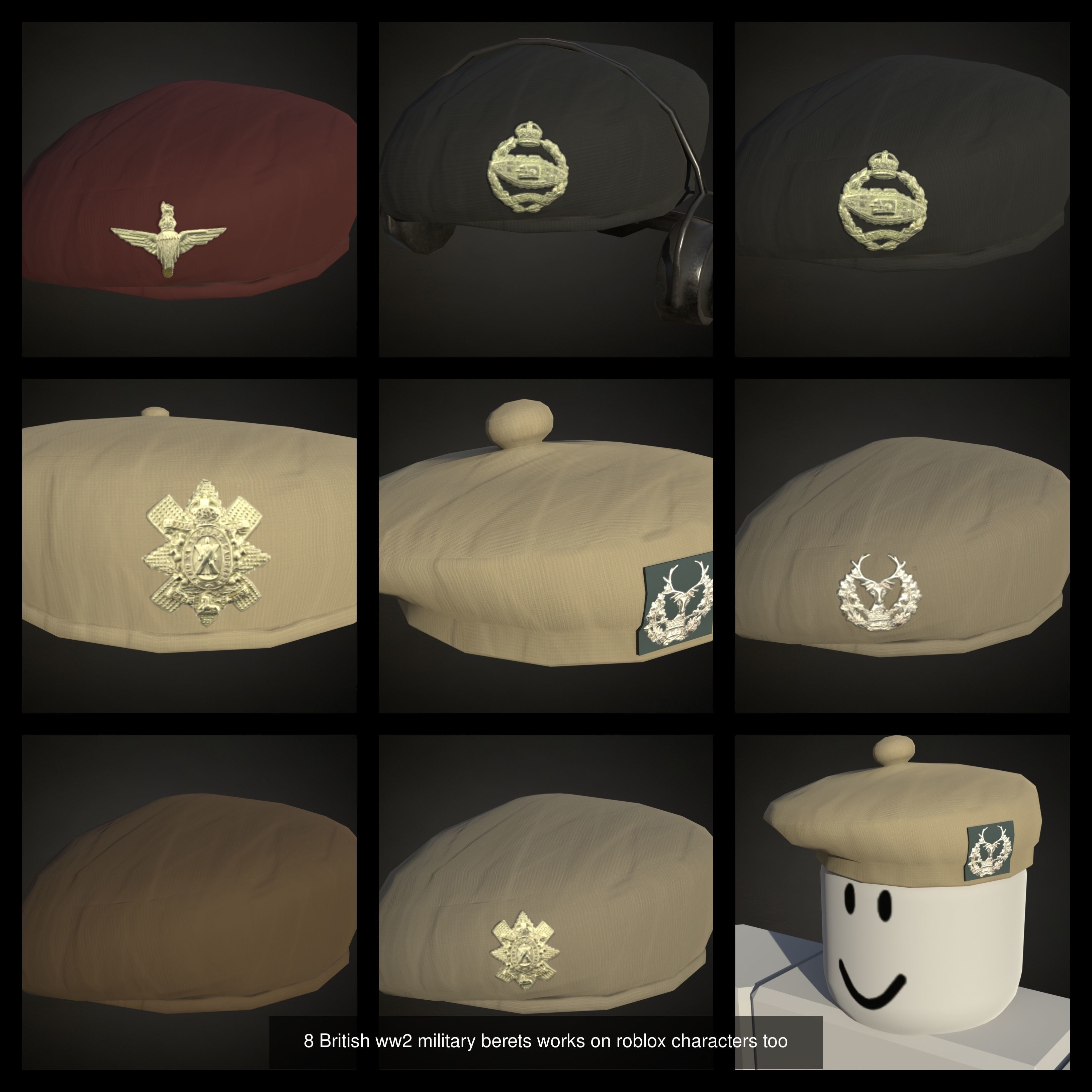 British ww2 helmets officier hats side caps and berets 3D Model Collection_1