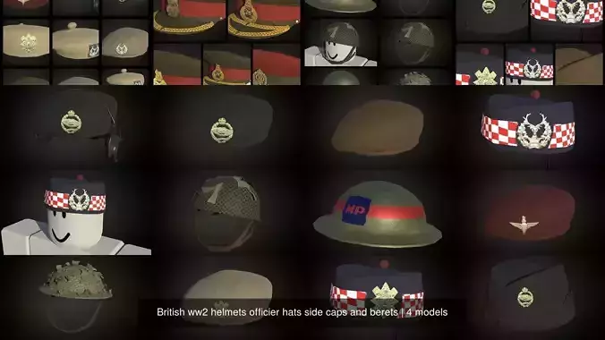 British ww2 helmets officier hats side caps and berets 3D Model Collection