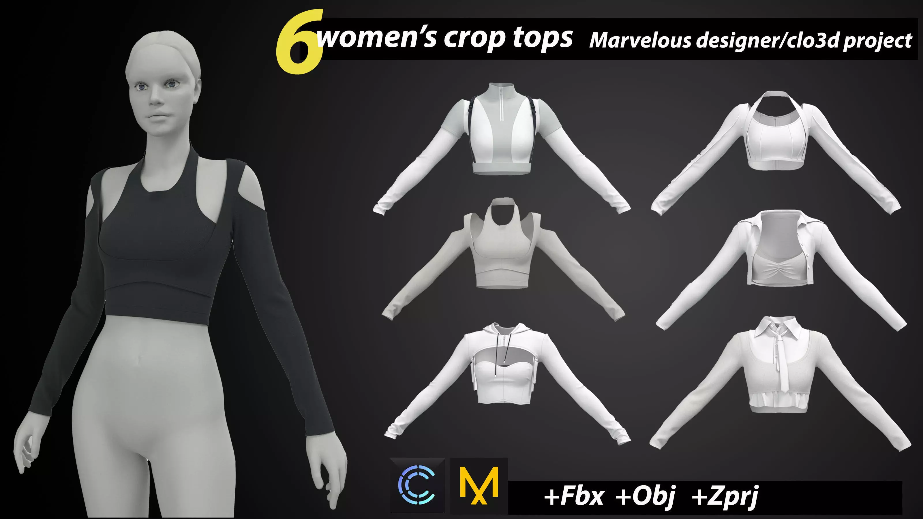 6 female croptops Low-poly 3D model_0