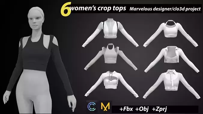 6 female croptops Low-poly 3D model 6 female croptops Low-poly 3D model