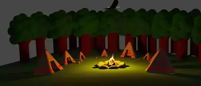 Campsite campfire in woods with eagle