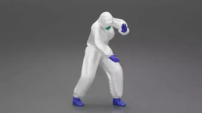 Woman wearing antivirus suit standing and pushing 3D print model