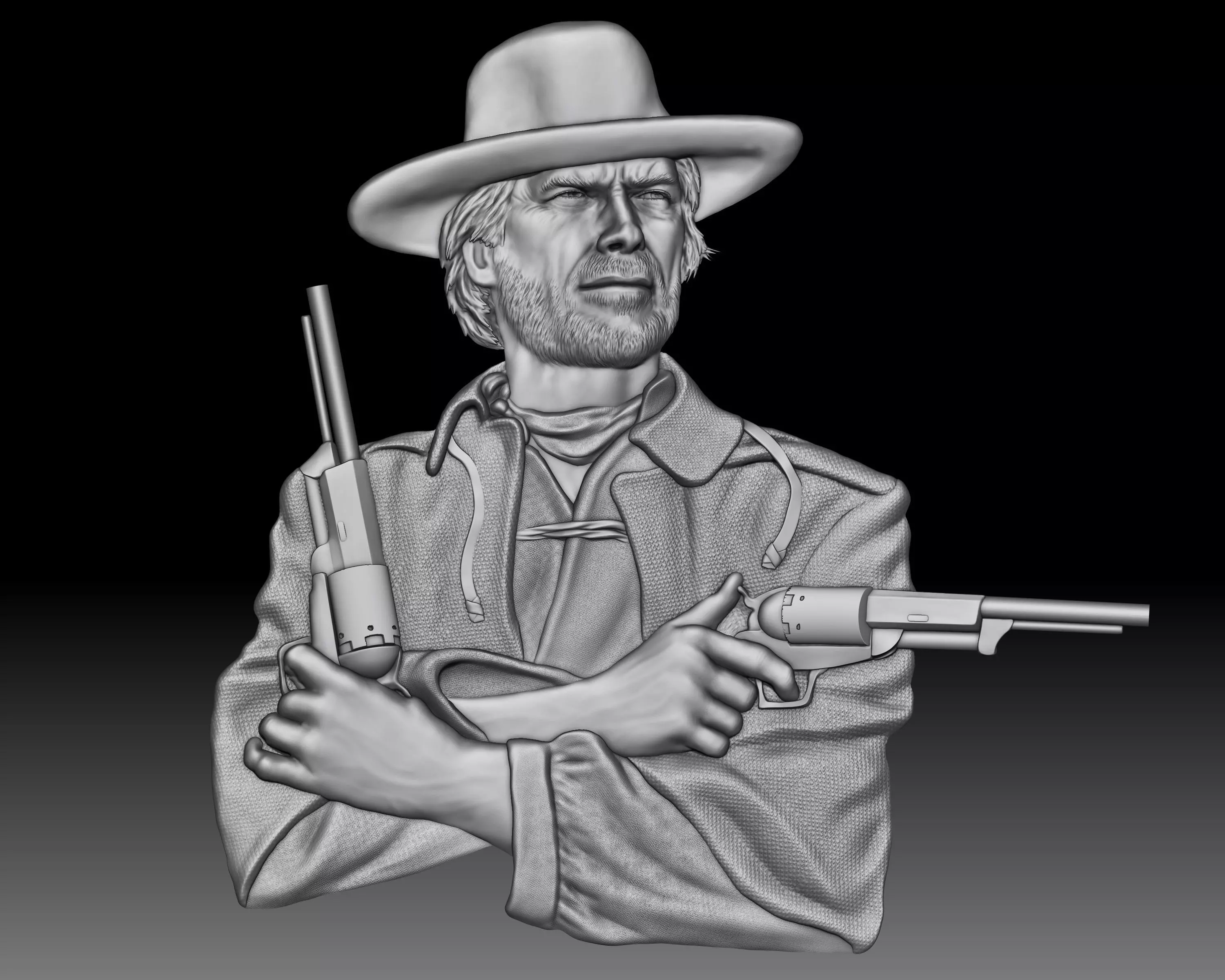 Cowboy shooter Clint Eastwood portrait western bas-relief 3D print model_0