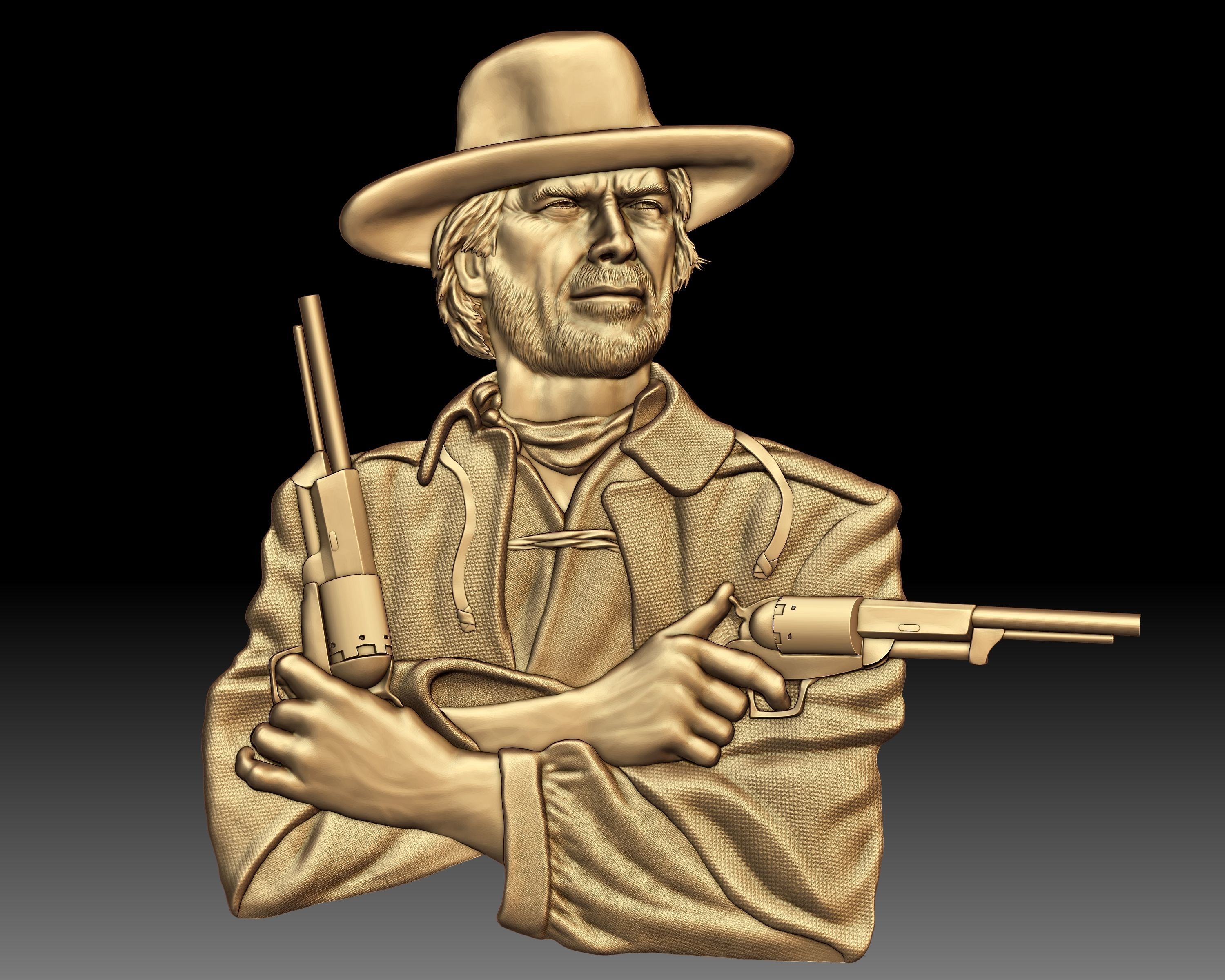 Cowboy shooter Clint Eastwood portrait western bas-relief 3D print model_4