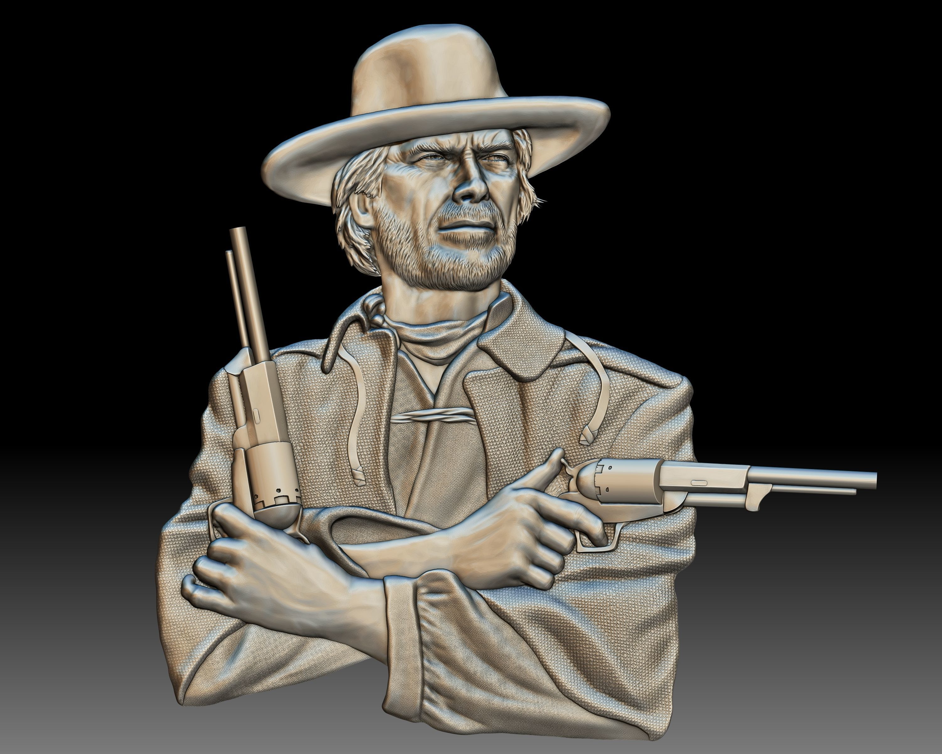 Cowboy shooter Clint Eastwood portrait western bas-relief 3D print model_7