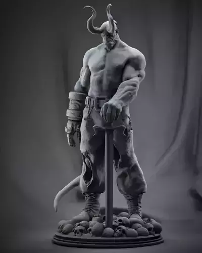 Hellboy 3D Print statue of demon holding sword 3D print model