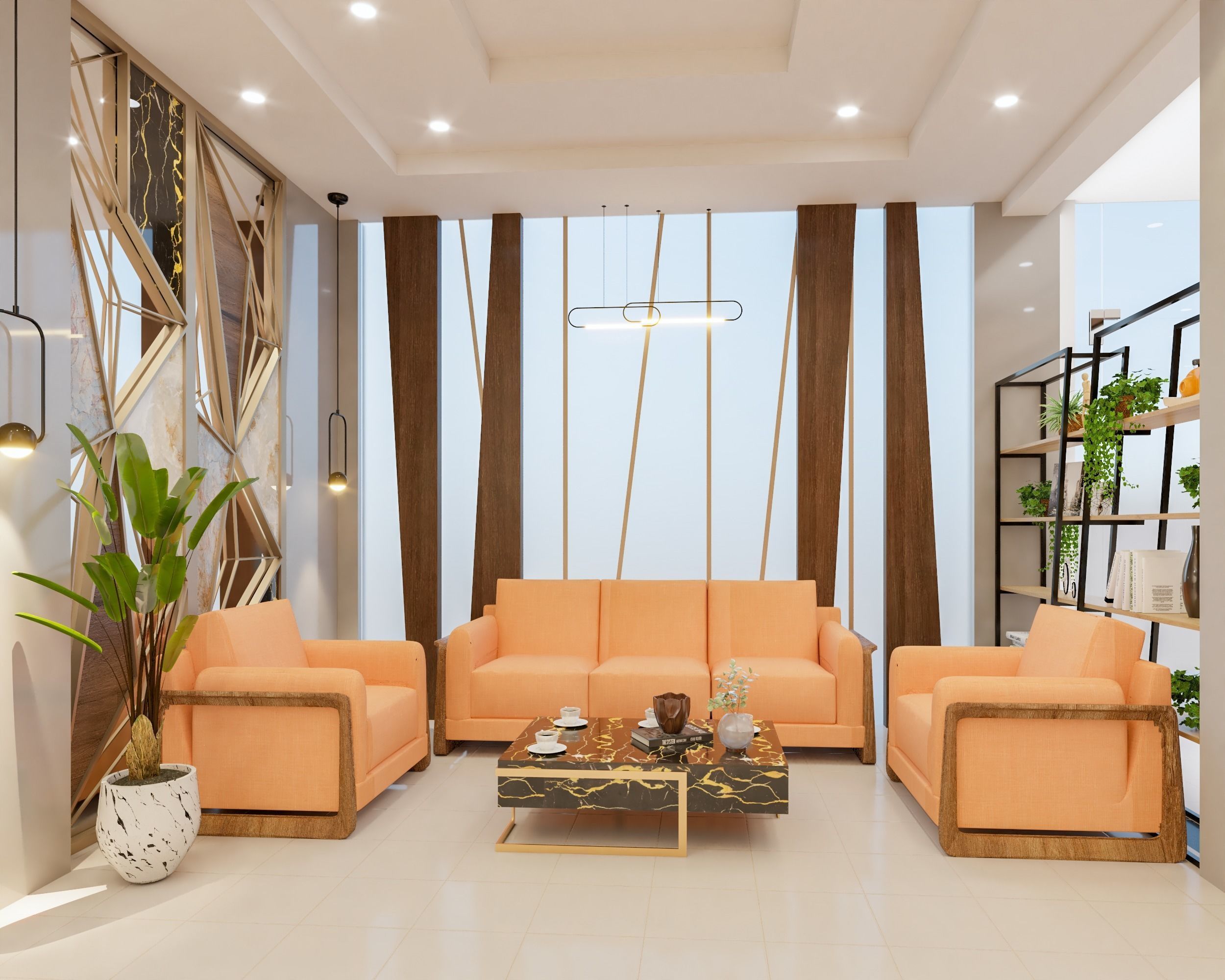 Lounge modern living room with orange furniture 3D model_1