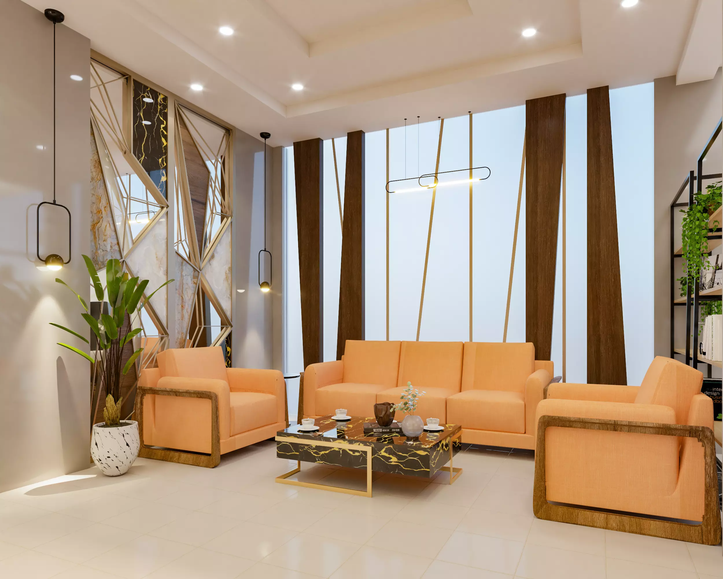 Lounge modern living room with orange furniture 3D model_0