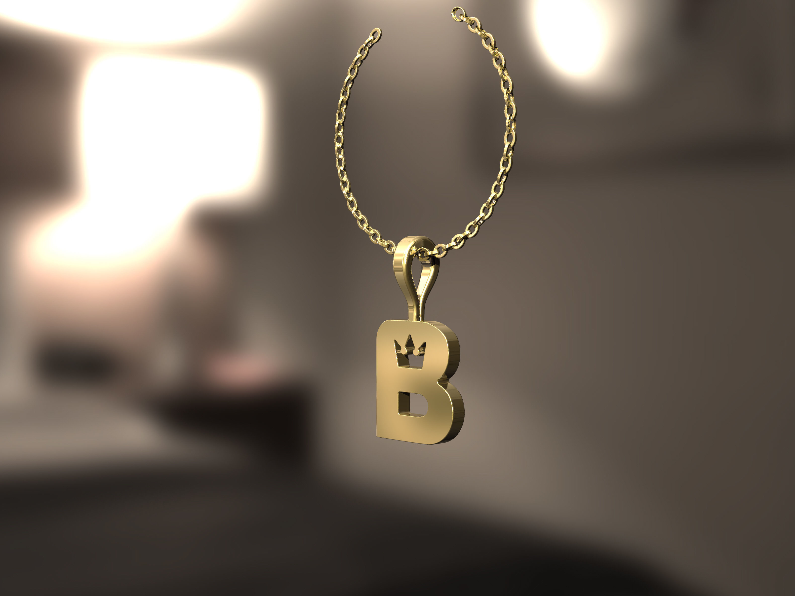 B Pendant gold letter on chain 3D print model_6