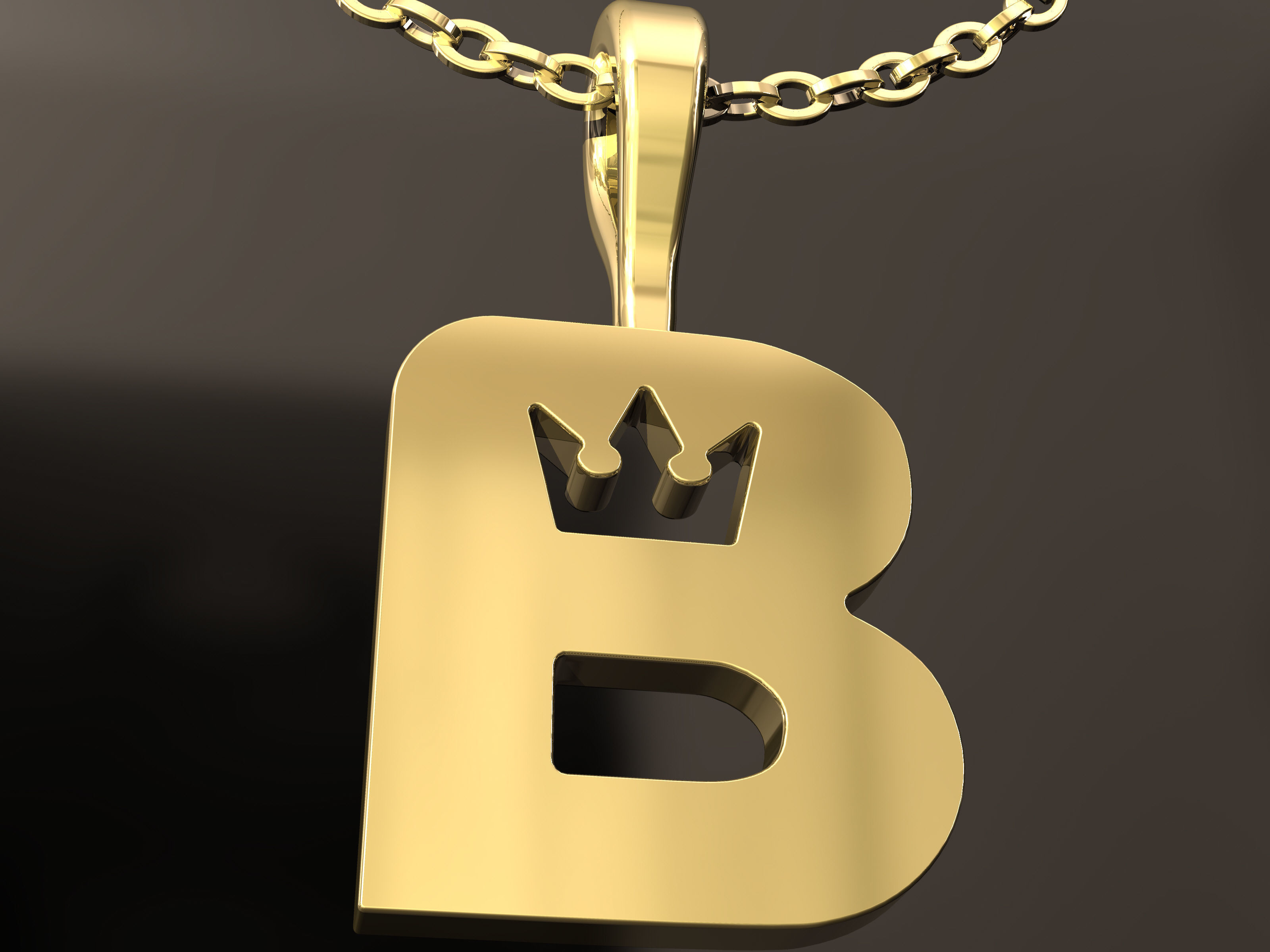 B Pendant gold letter on chain 3D print model_3