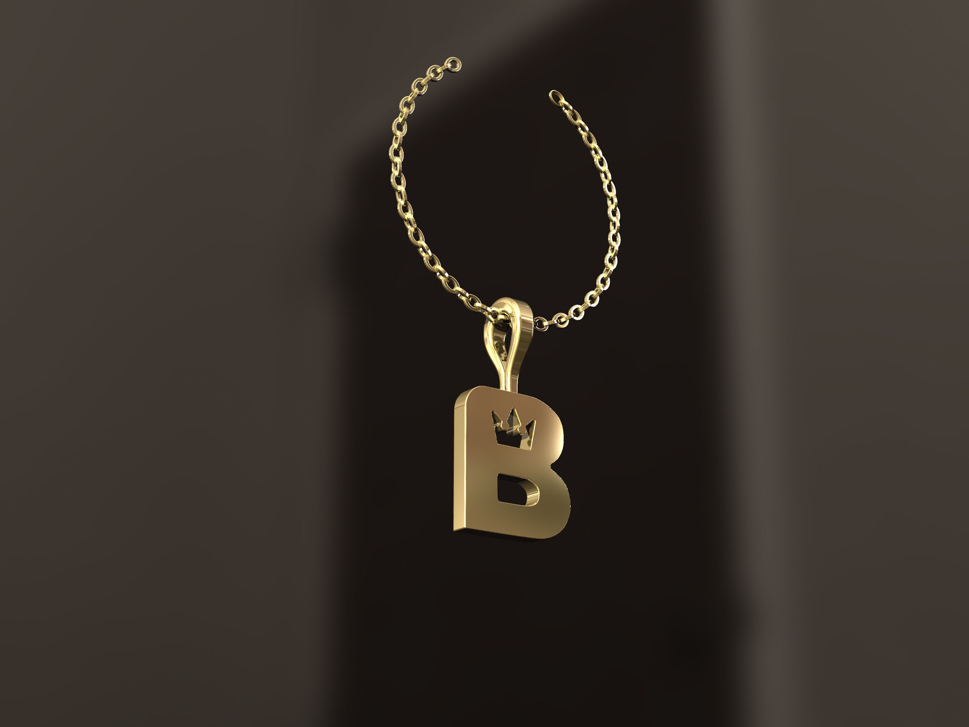 B Pendant gold letter on chain 3D print model_5
