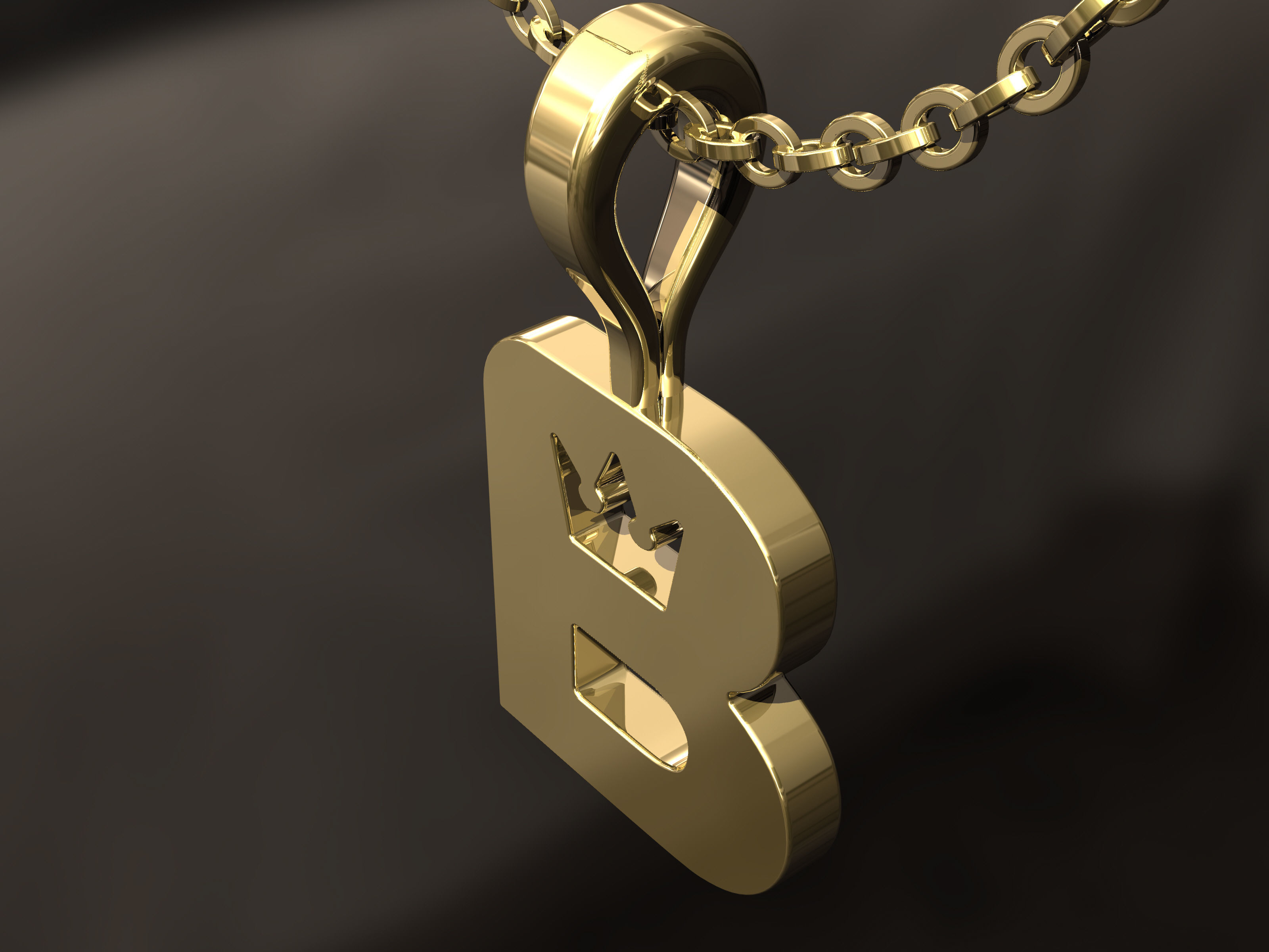 B Pendant gold letter on chain 3D print model_2