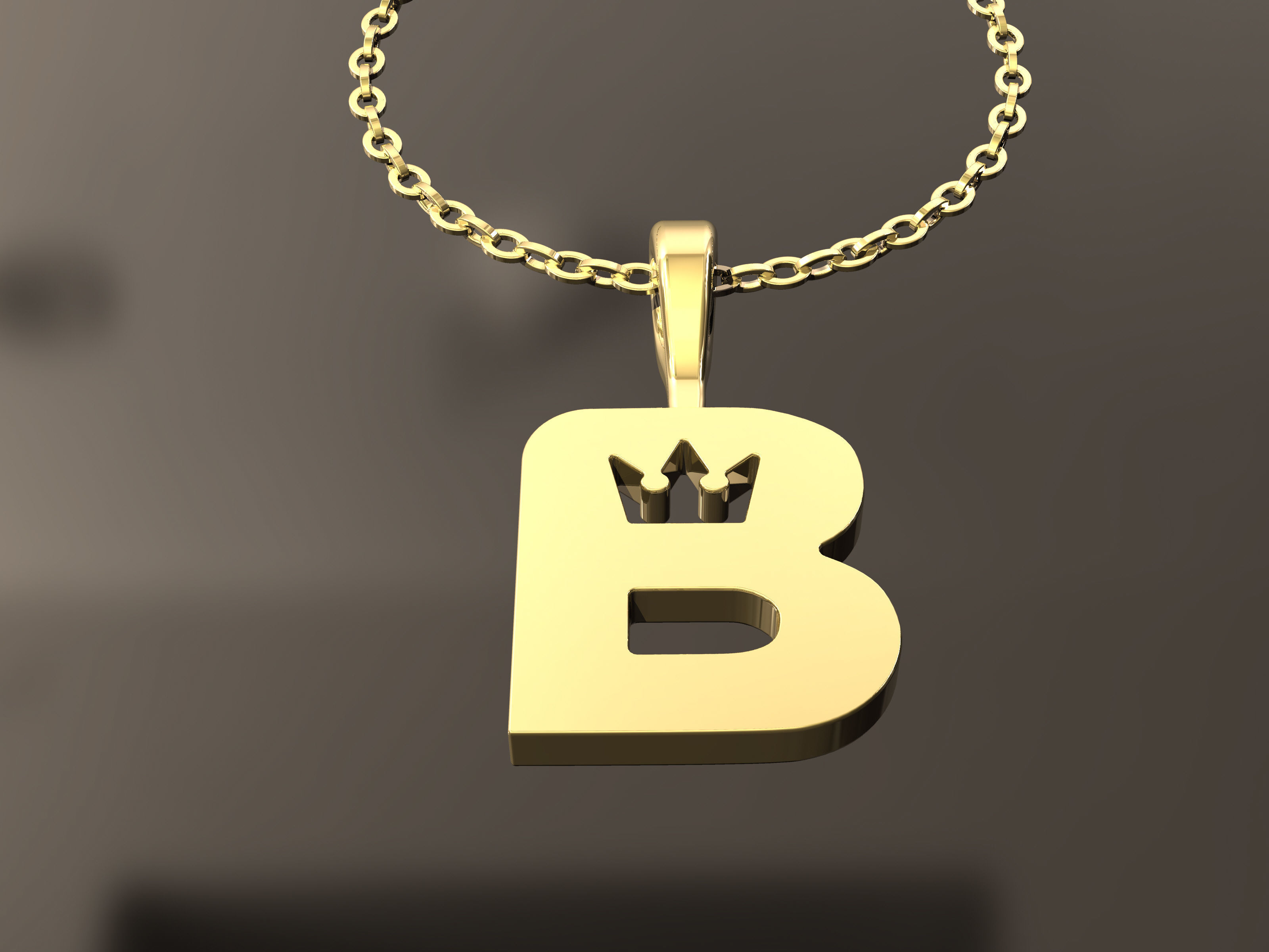 B Pendant gold letter on chain 3D print model_1