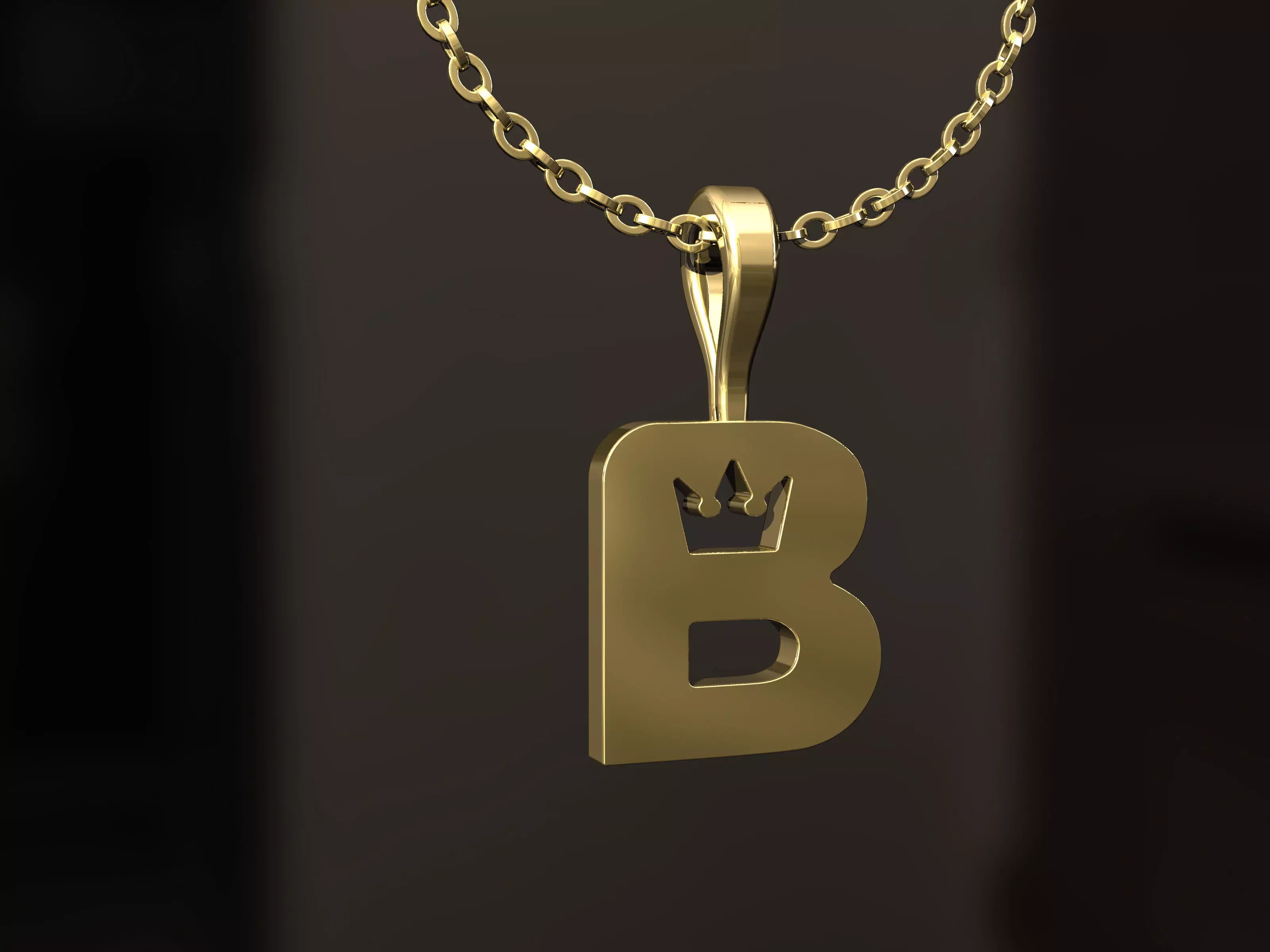 B Pendant gold letter on chain 3D print model_0