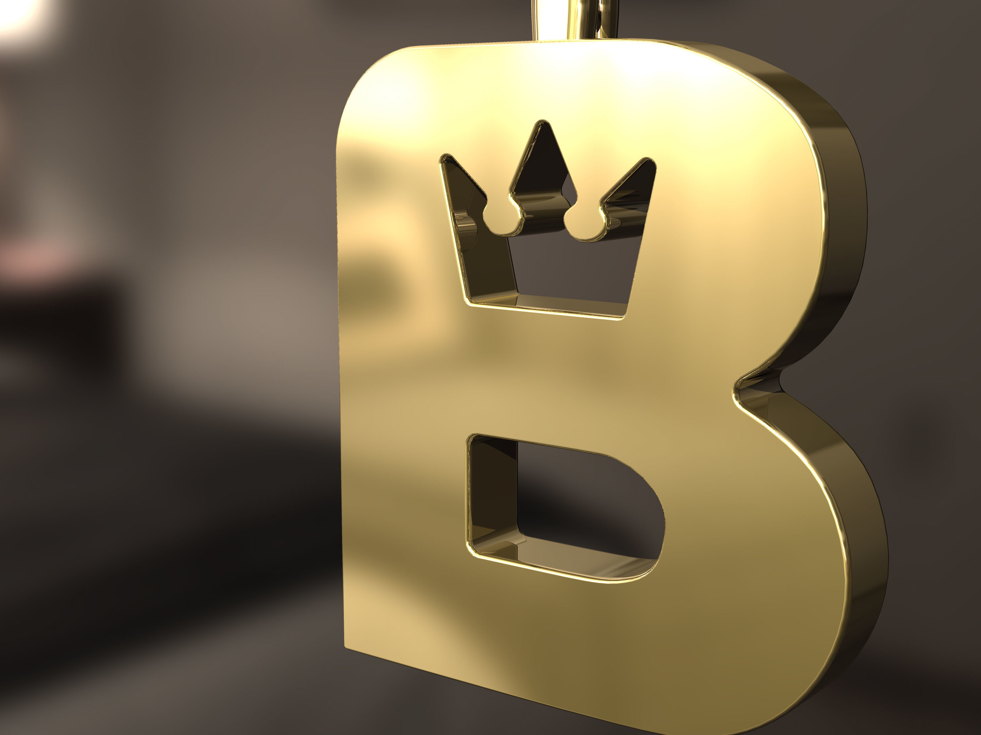 B Pendant gold letter on chain 3D print model_4