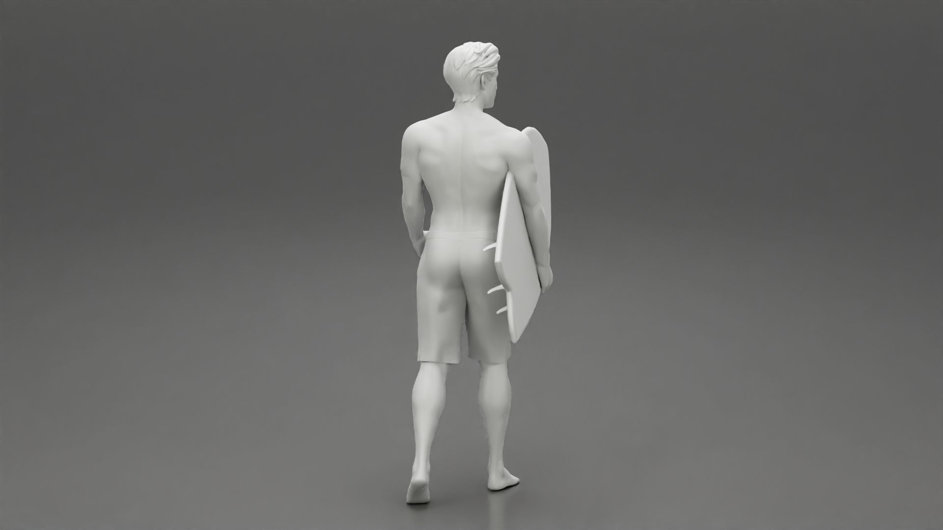 Young man holding surfboard walking on the sea 3D print model_8