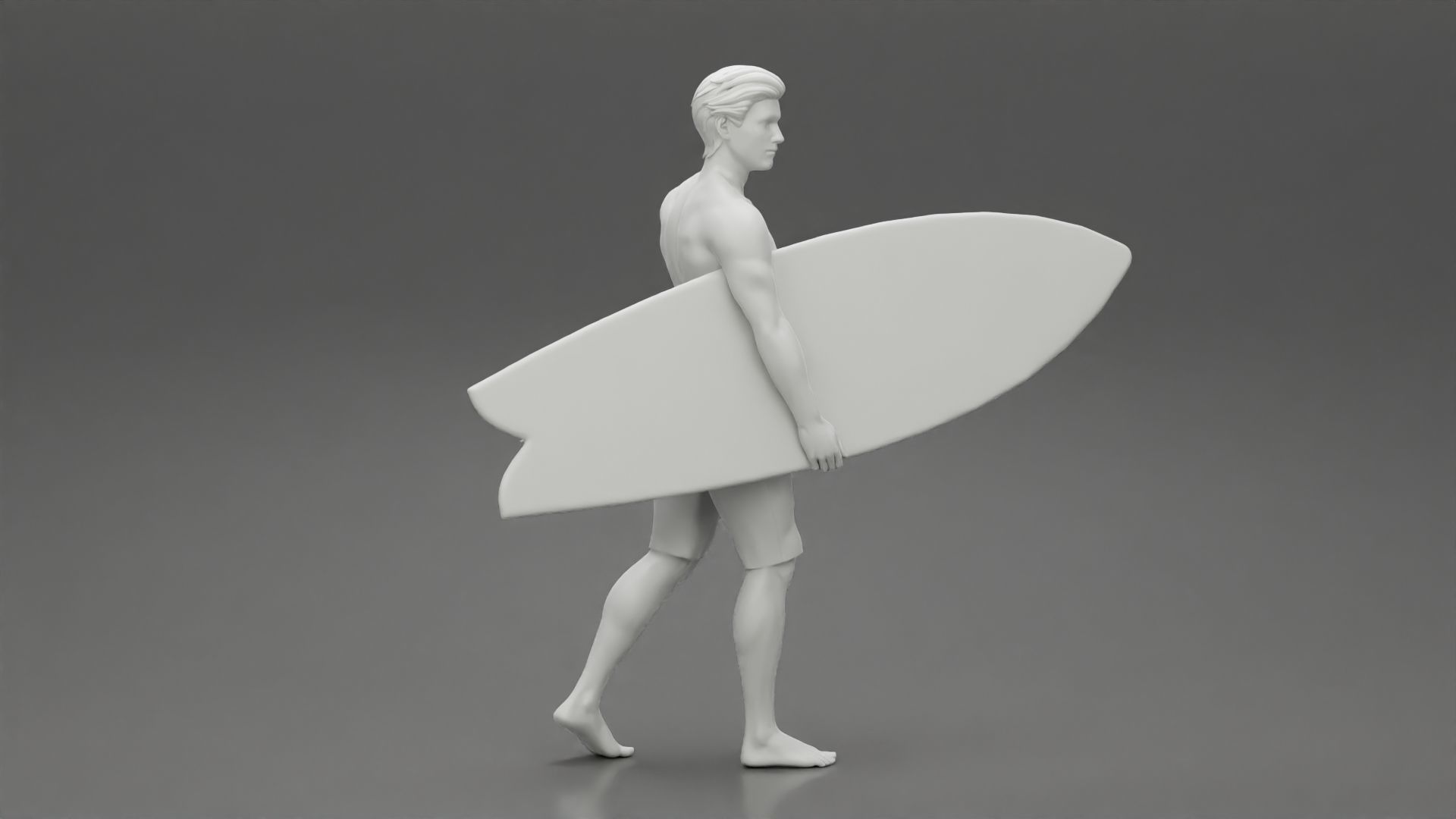 Young man holding surfboard walking on the sea 3D print model_7