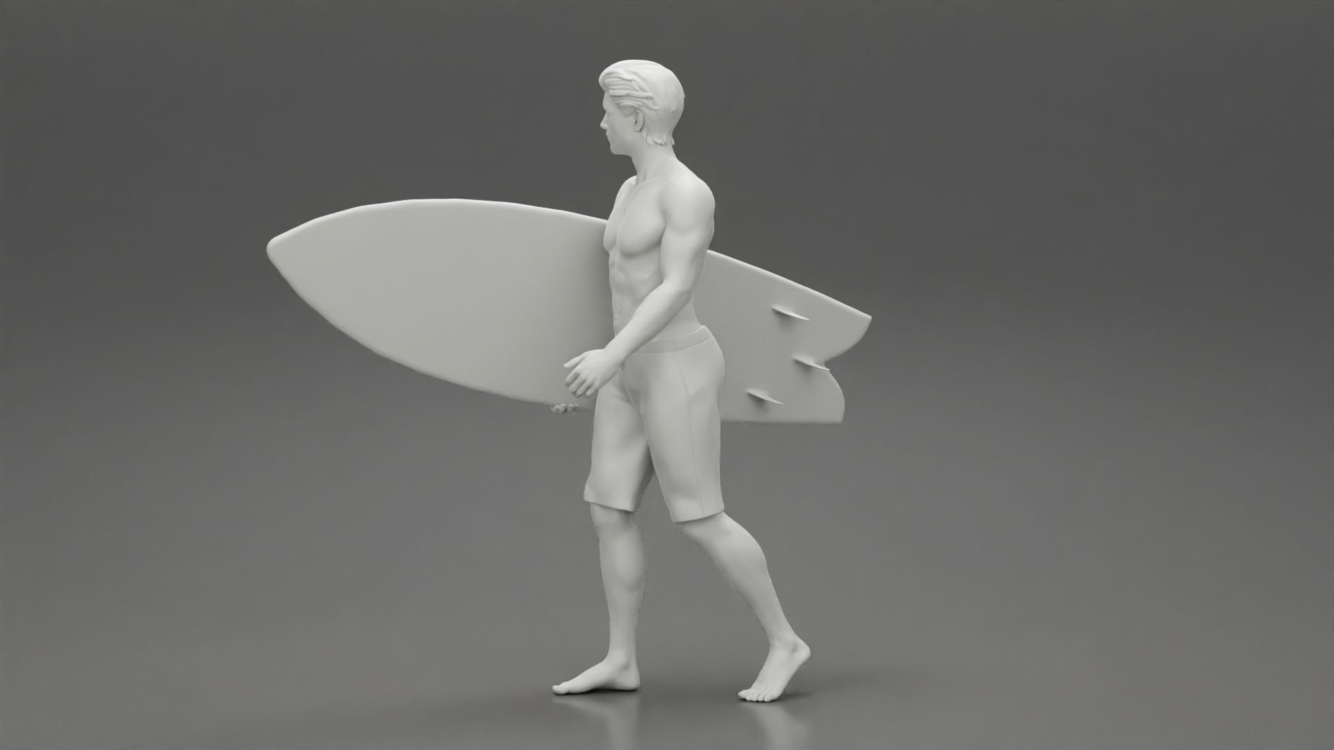 Young man holding surfboard walking on the sea 3D print model_10