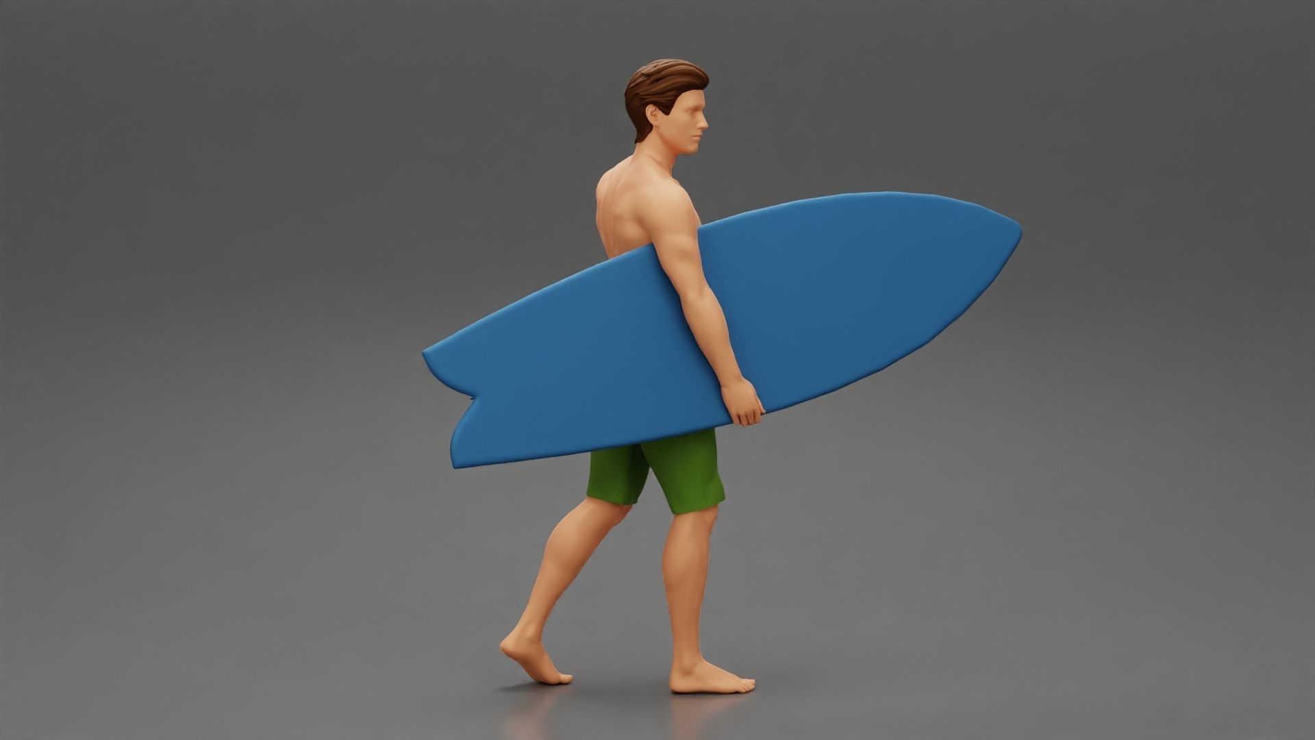 Young man holding surfboard walking on the sea 3D print model_1