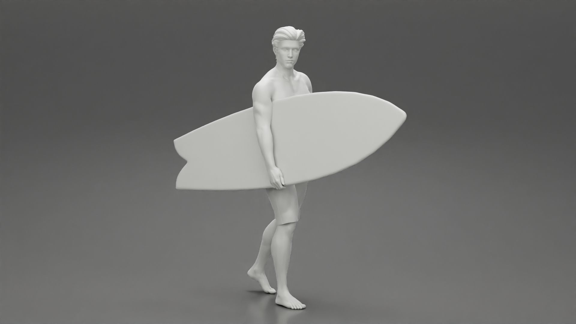 Young man holding surfboard walking on the sea 3D print model_6