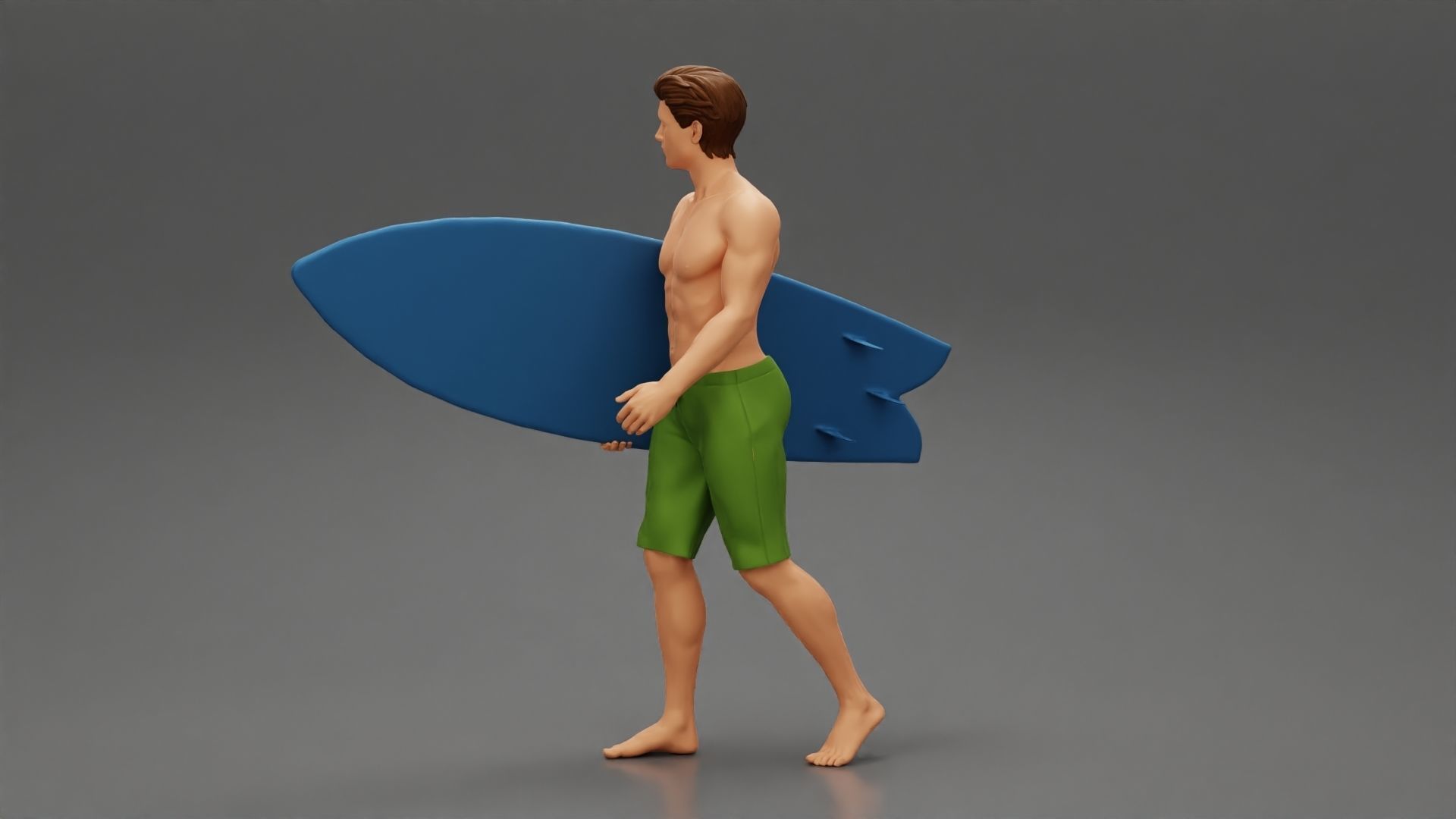 Young man holding surfboard walking on the sea 3D print model_4