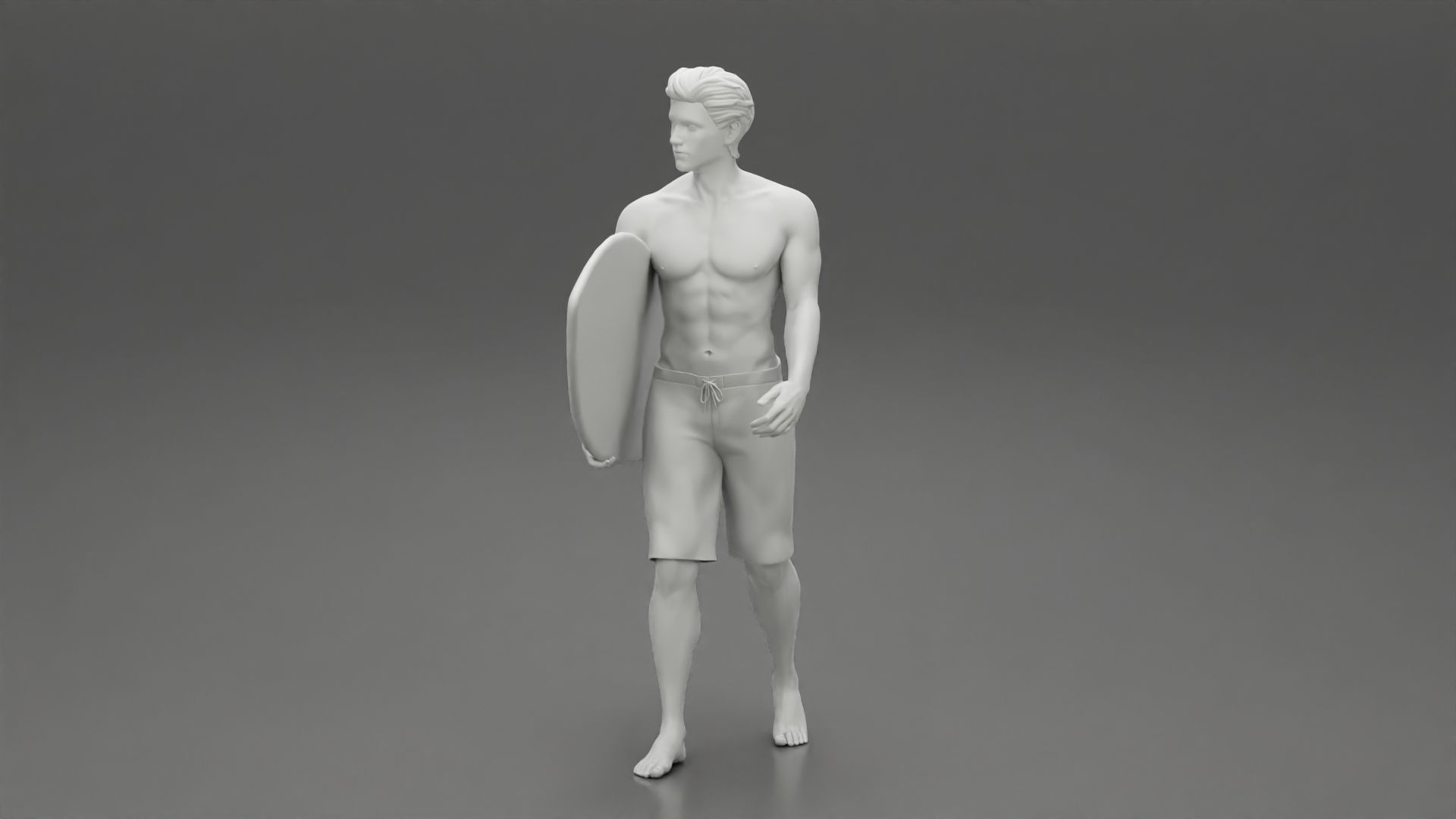 Young man holding surfboard walking on the sea 3D print model_11