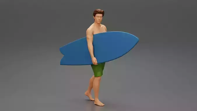 Young man holding surfboard walking on the sea 3D print model