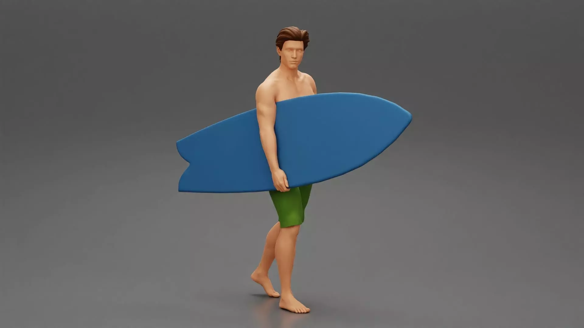 Young man holding surfboard walking on the sea 3D print model_0