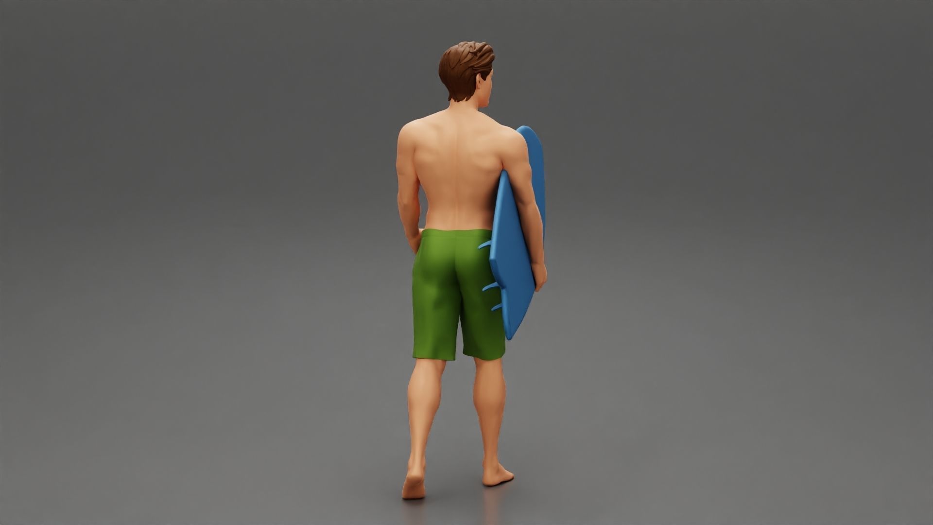 Young man holding surfboard walking on the sea 3D print model_2