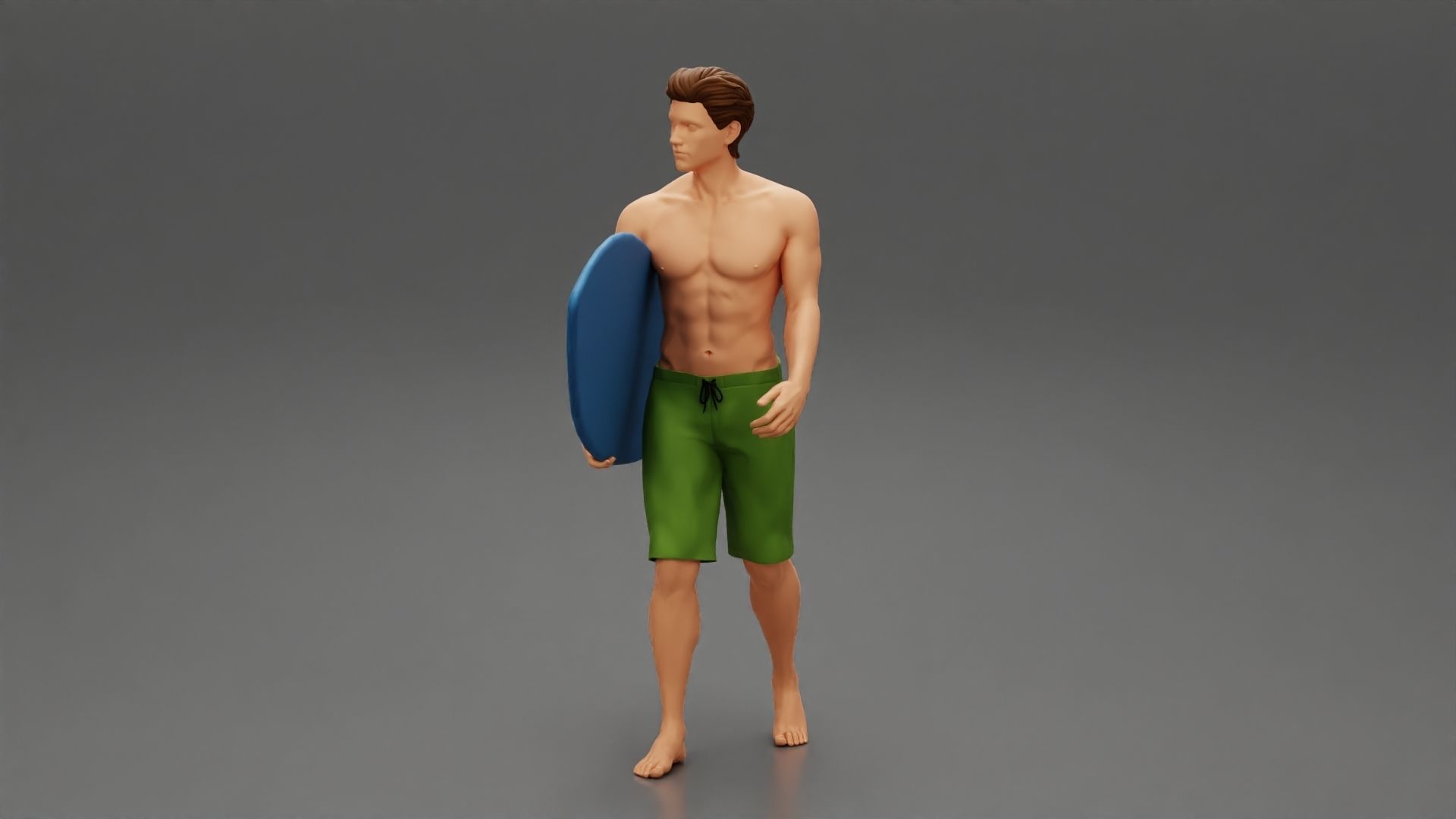 Young man holding surfboard walking on the sea 3D print model_5
