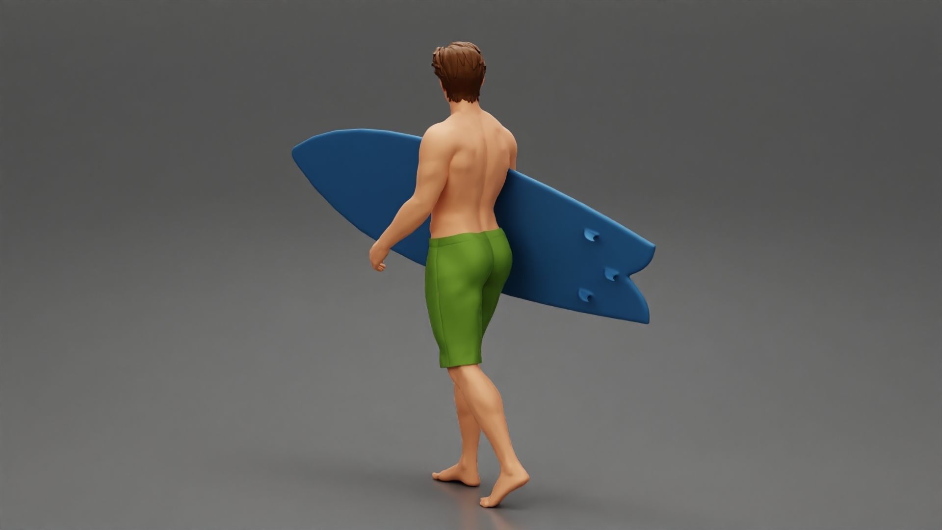 Young man holding surfboard walking on the sea 3D print model_3