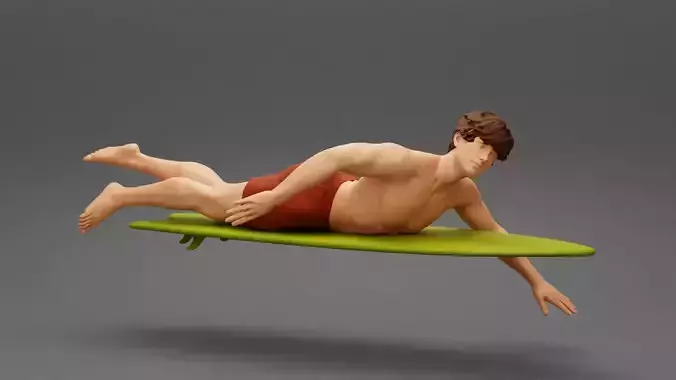 Surfer man paddling laying on surfboard riding the wave 3D print model