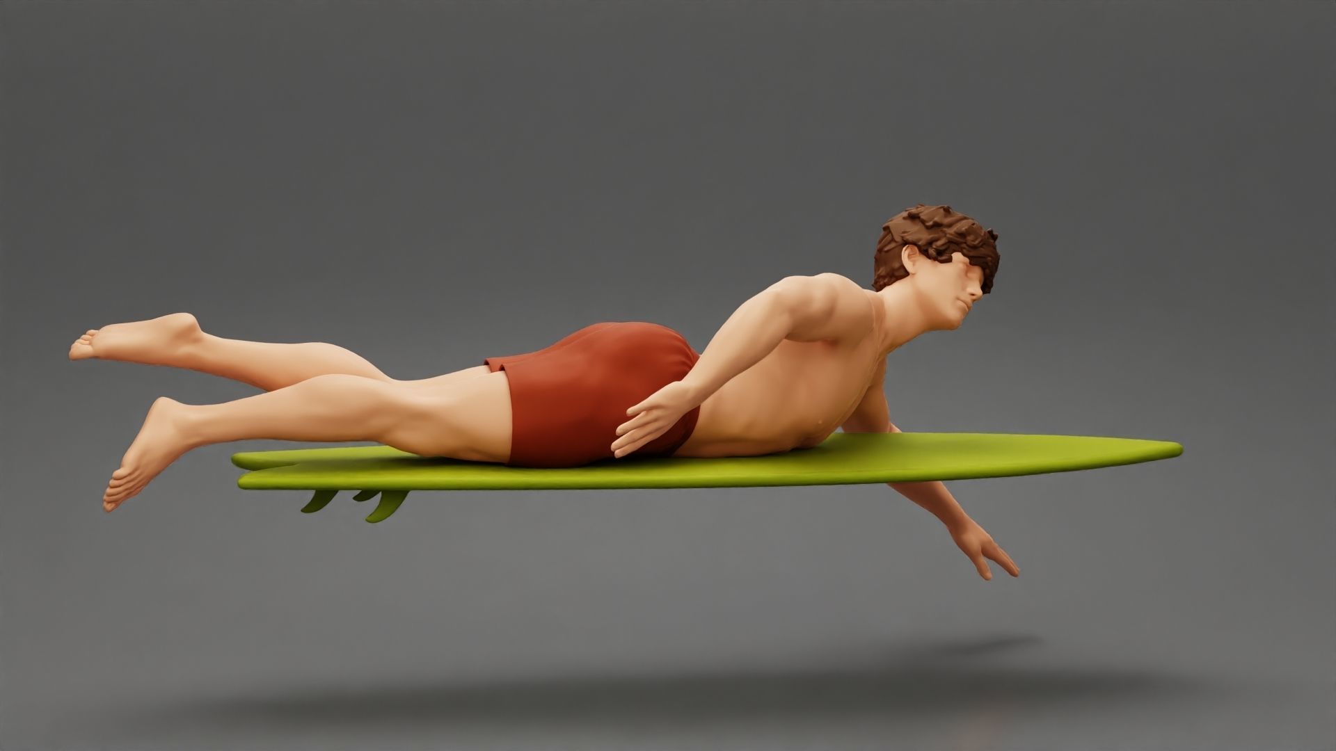 Surfer man paddling laying on surfboard riding the wave 3D print model_1