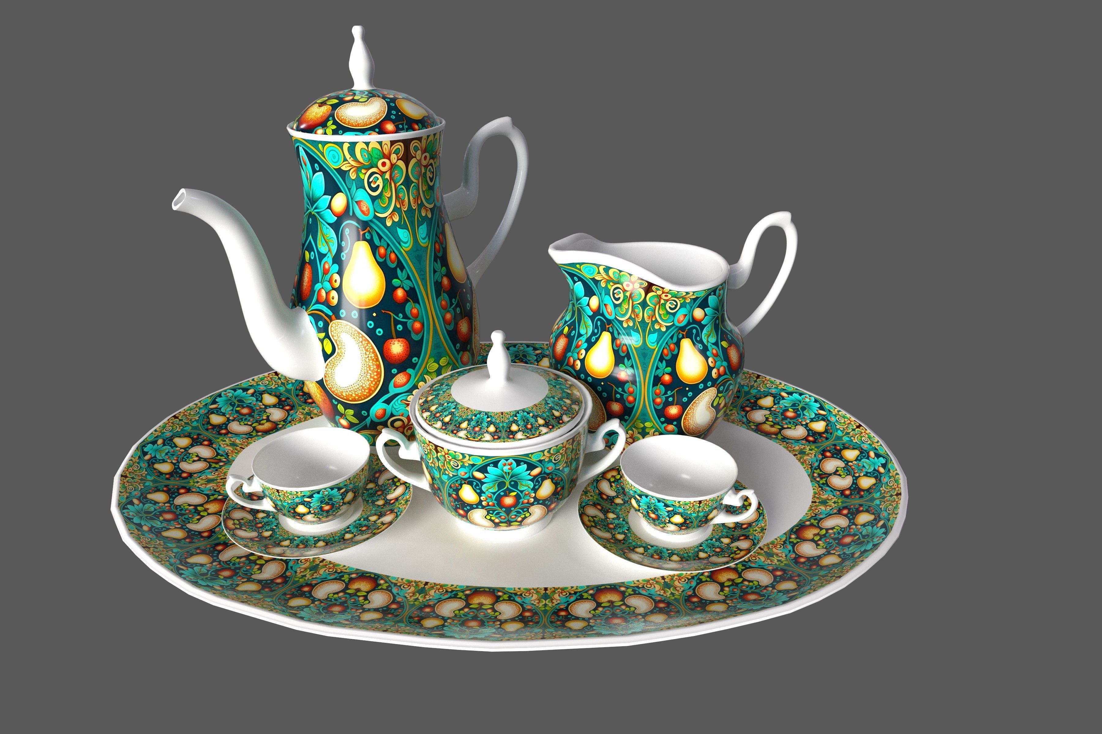 Tea set in slavic folk pattern 3D model_4