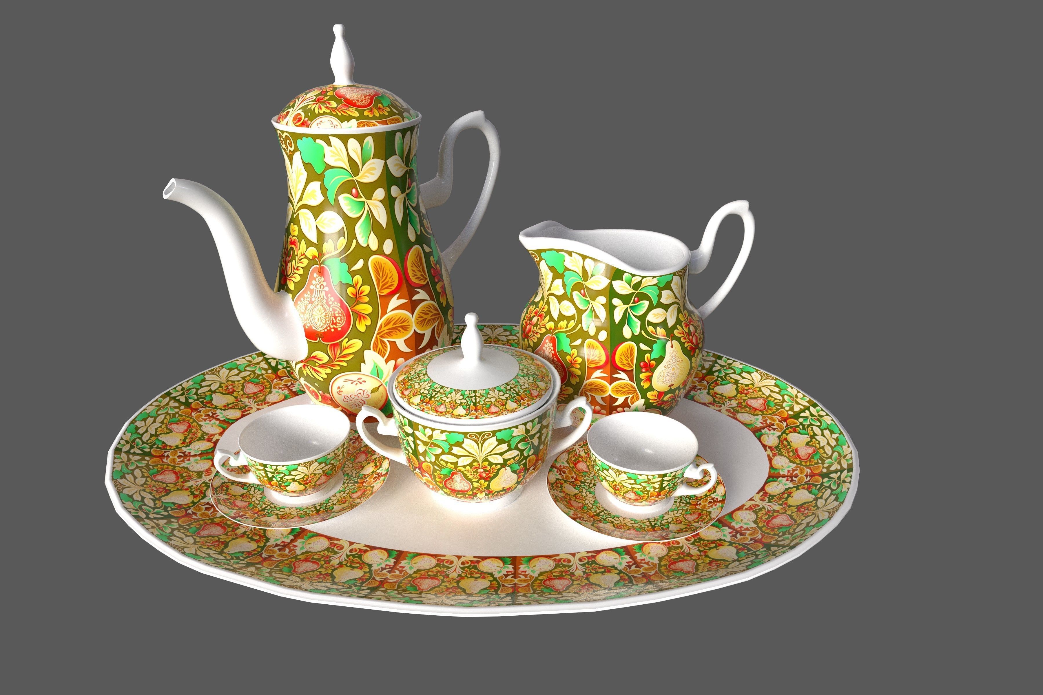 Tea set in slavic folk pattern 3D model_3