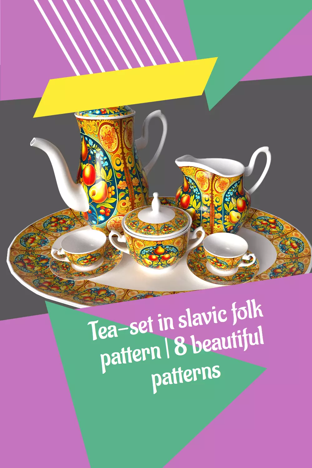Tea set in slavic folk pattern 3D model_0