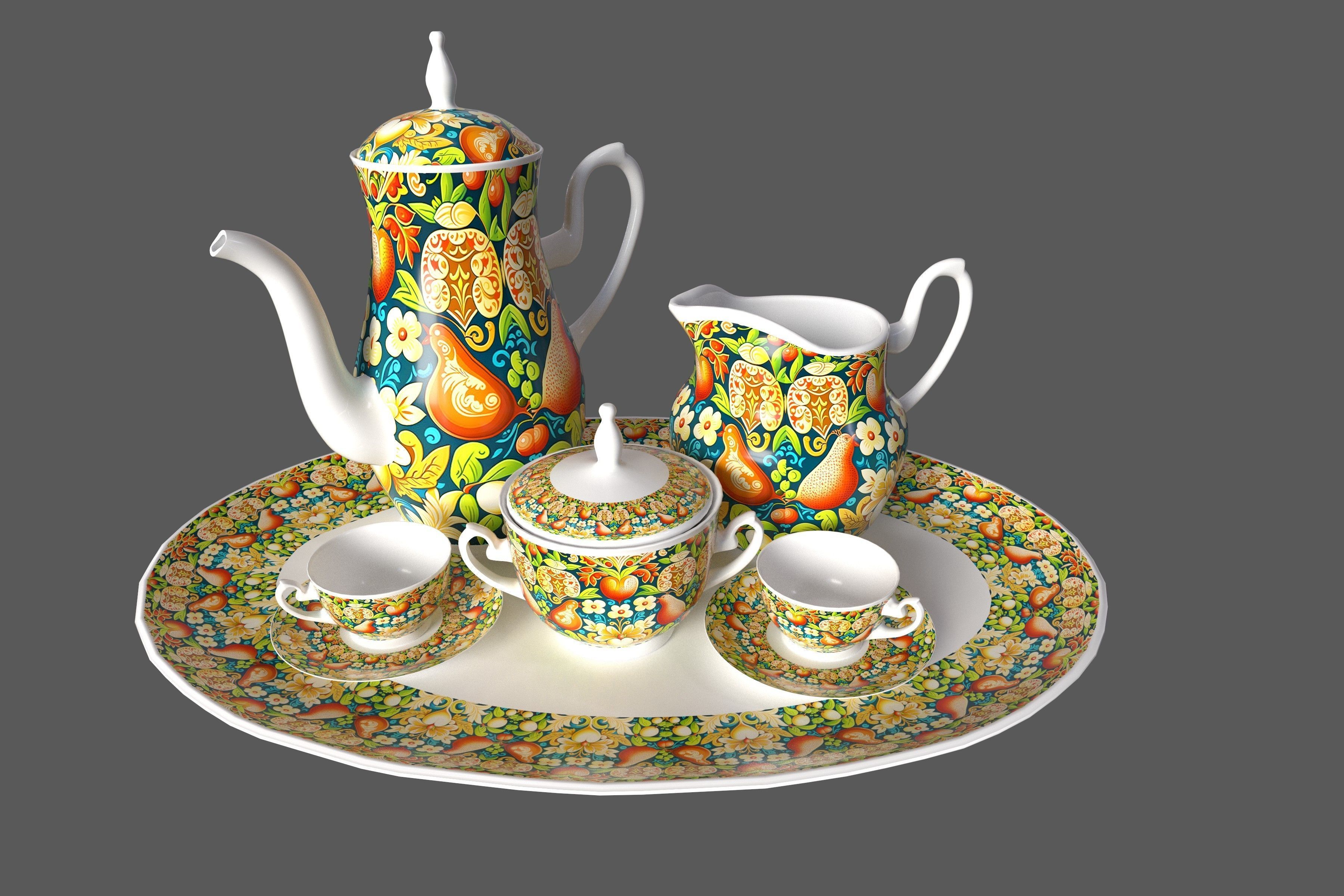Tea set in slavic folk pattern 3D model_5