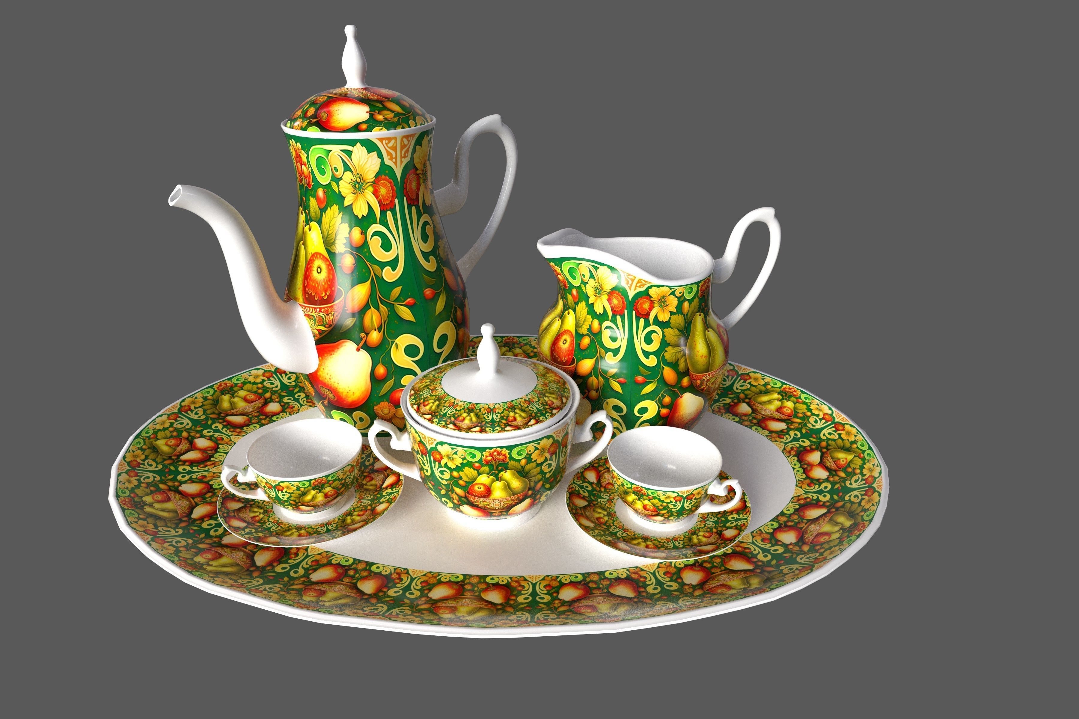 Tea set in slavic folk pattern 3D model_7