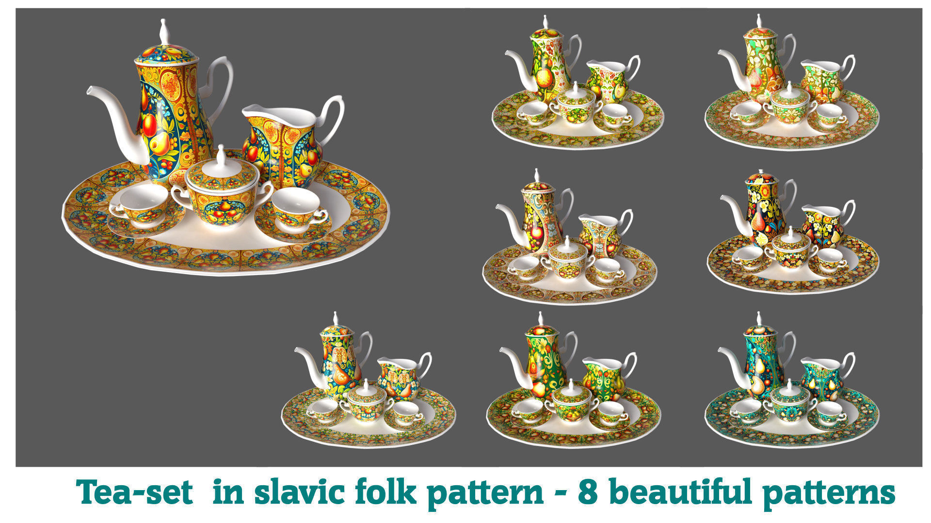 Tea set in slavic folk pattern 3D model_1