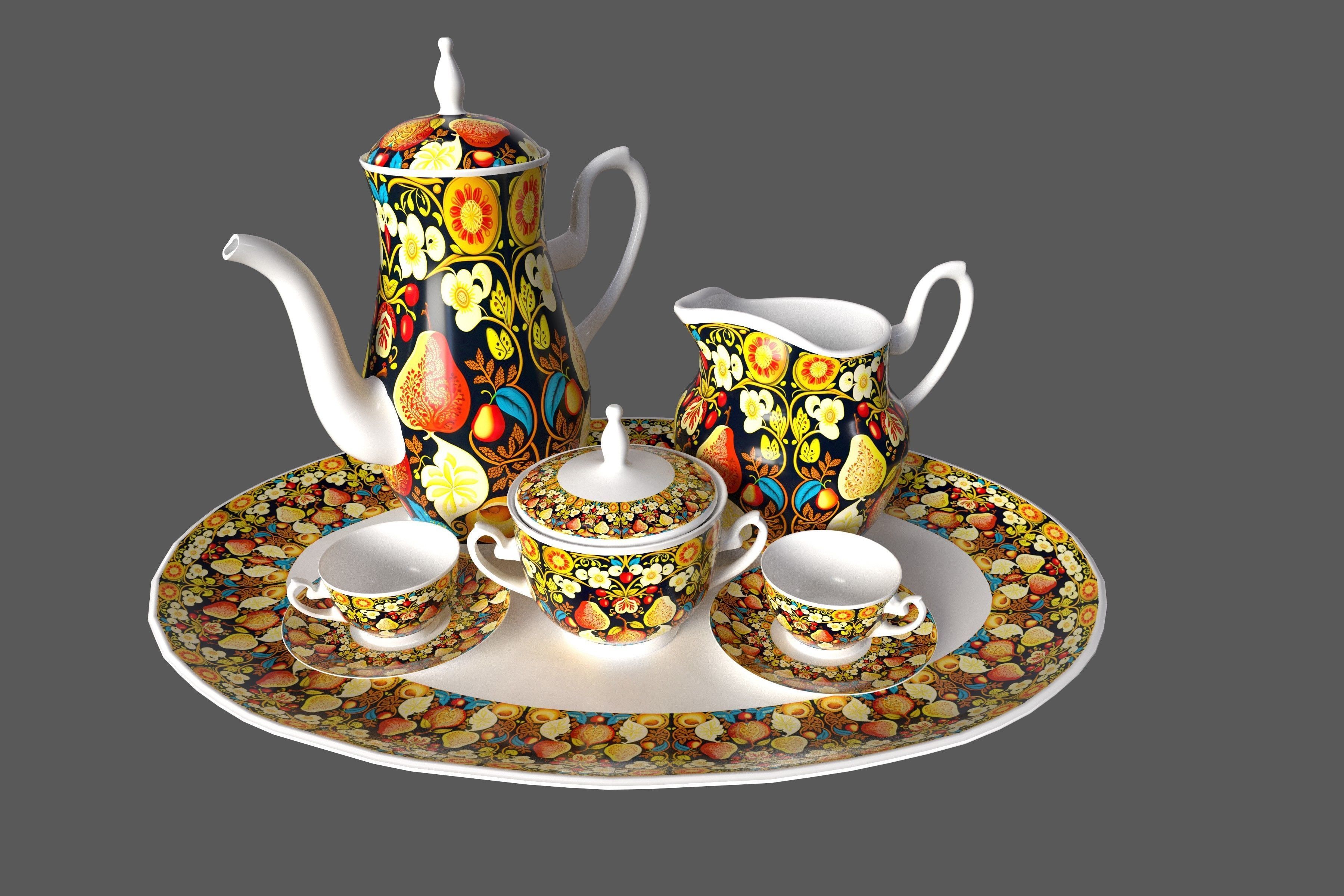 Tea set in slavic folk pattern 3D model_8