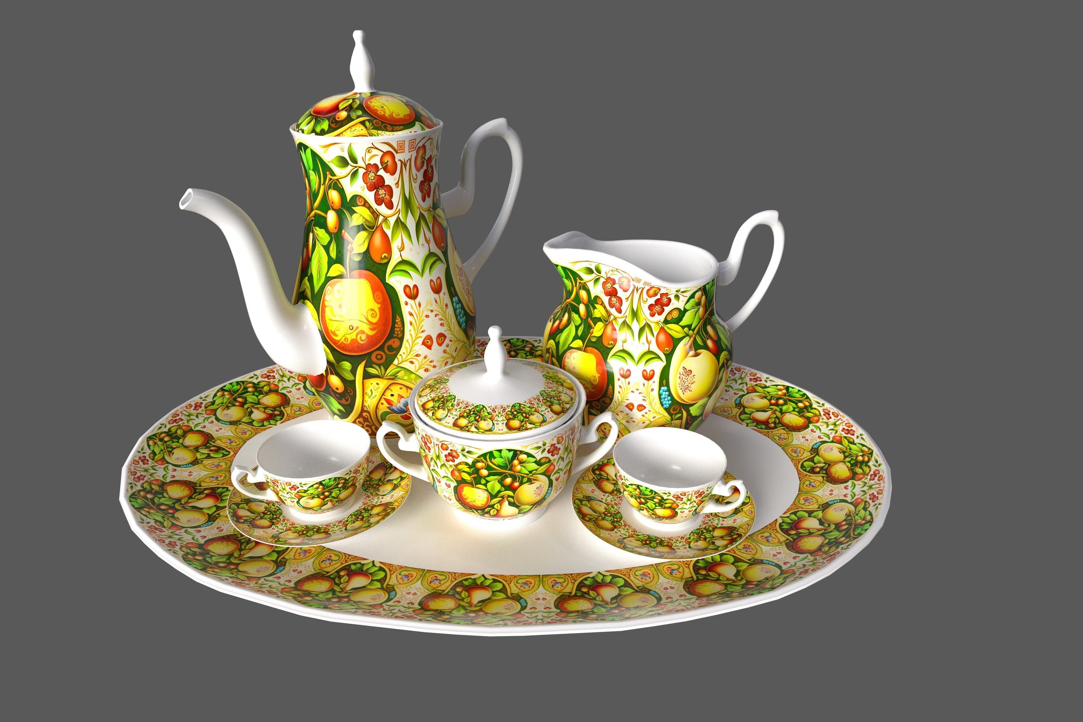 Tea set in slavic folk pattern 3D model_9