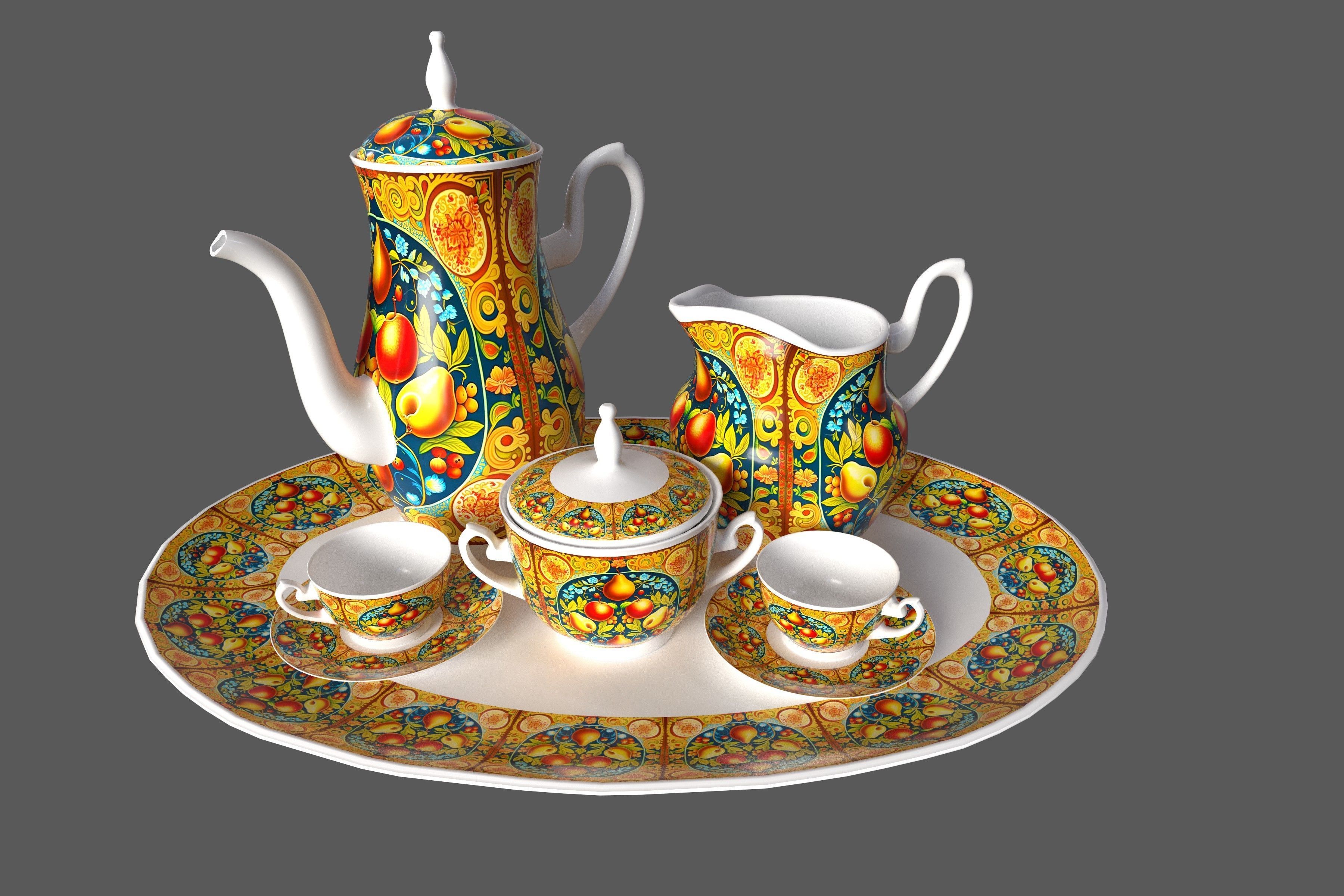 Tea set in slavic folk pattern 3D model_6
