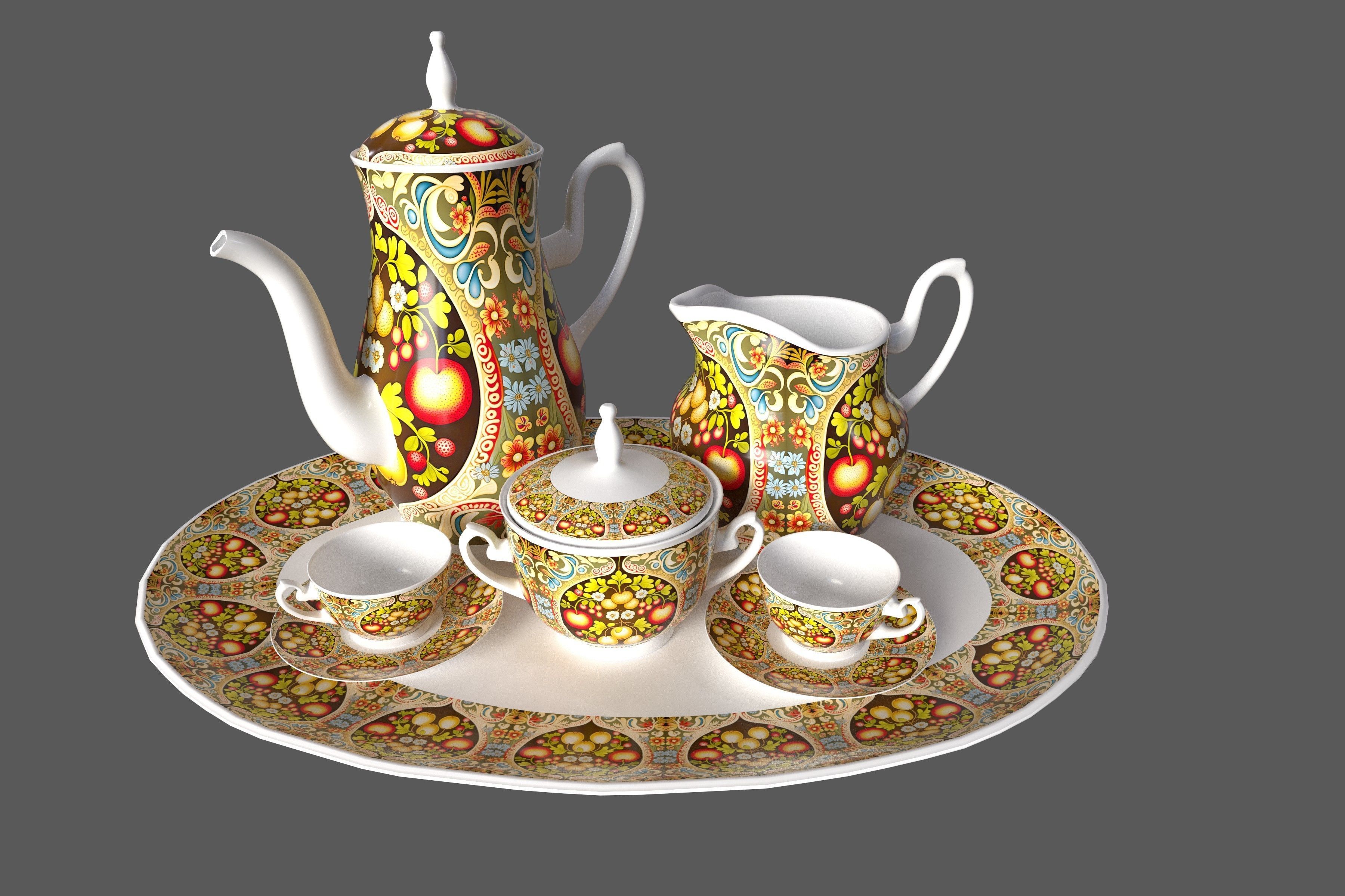 Tea set in slavic folk pattern 3D model_2