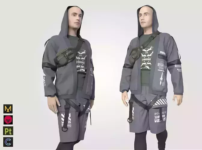 cyberpunk techwear man outfit hoodie shorts shirt 3D model