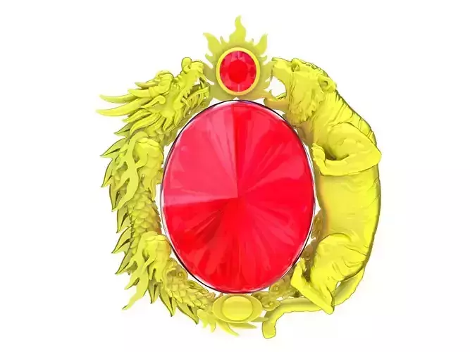 Zodiac Oval Gemstone Dragon and Tiger Pendant 3D Model A4697