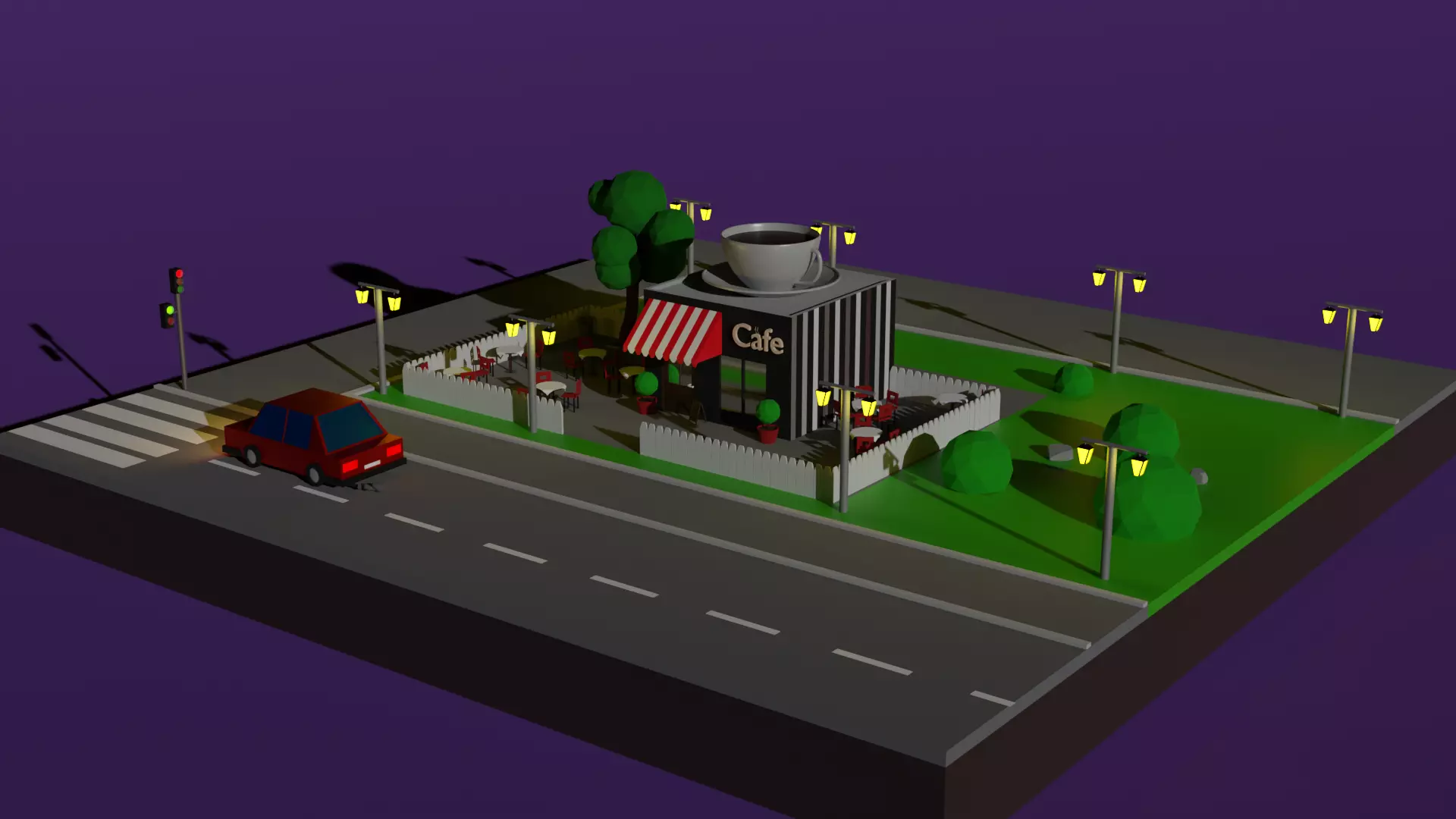 Low poly cafe city with street lights and car 3D model
